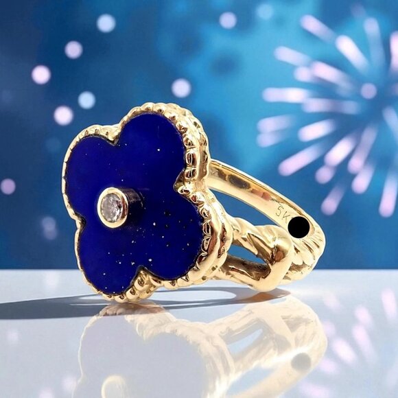 Van Cleef & Arpels Alhambra 18k Yellow Gold Lapis Lazuli Diamond Ring Sz 4 - Picture 2 of 14